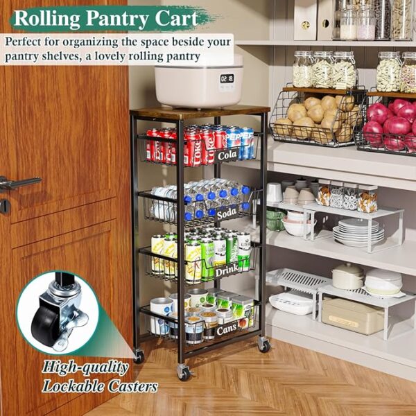 Fruit Basket, 5-Tier Utility Kitchen Organizer and Storage Cart with Pull-Out Baskets and Wood Top, Rolling Pantry Kitchen Cart on Wheels for Fruit Potato Onion Vegetable Snack Produce - Image 6