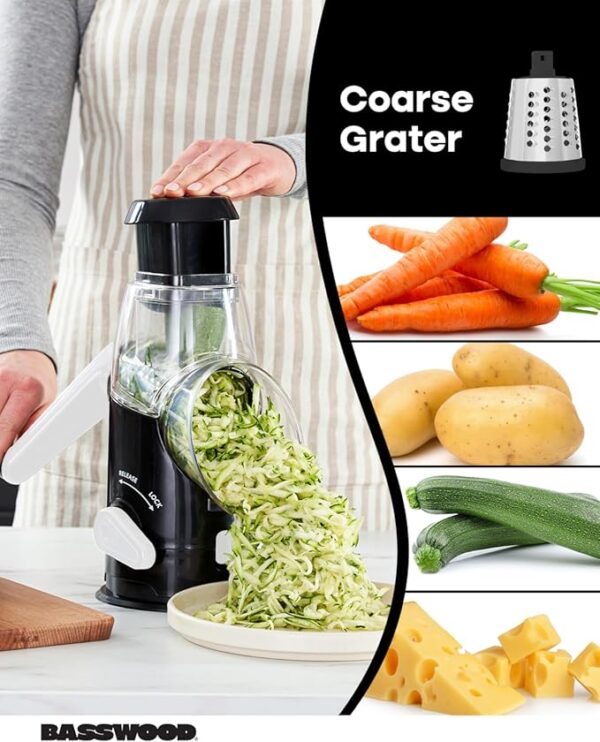 BASSWOOD Rotary Cheese Grater with Handle - Mandoline Slicer with 3 Stainless Steel Drum Blades-Vegetable Slicer Walnuts Grinder Cheese Shredder Round Mandoline with Peeler (Black) - Image 4