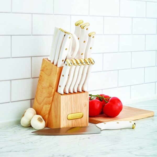 Farberware 15-Piece Triple Riveted Knife Block Set, High Carbon-Stainless Steel Kitchen Knives, Razor-Sharp Knife Set with Wood Block, White and Gold - Image 6