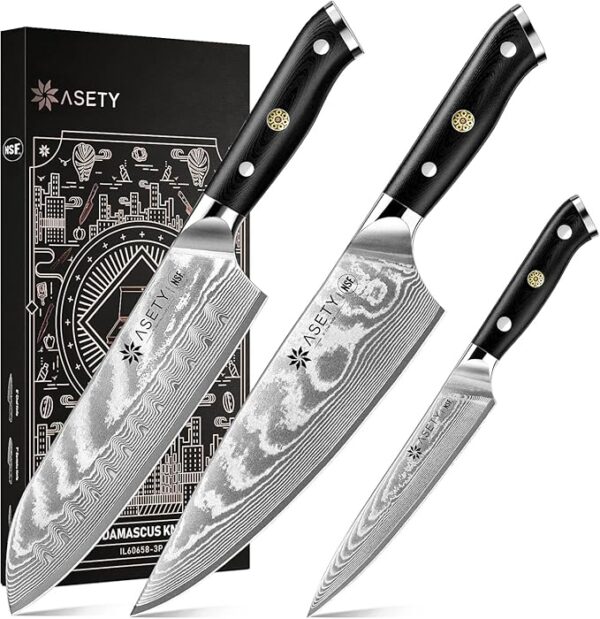 Damascus Kitchen Knife Set 3 PCS: NSF Food-Safe Japanese Knives with VG10 Steel Core, Ultra-Sharp Professional Chef Knife Set and Full Tang G10 Handle, Elegant Box - Image 2