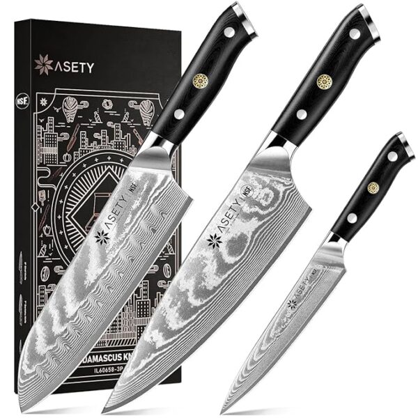 Damascus Kitchen Knife Set 3 PCS: NSF Food-Safe Japanese Knives with VG10 Steel Core, Ultra-Sharp Professional Chef Knife Set and Full Tang G10 Handle, Elegant Box