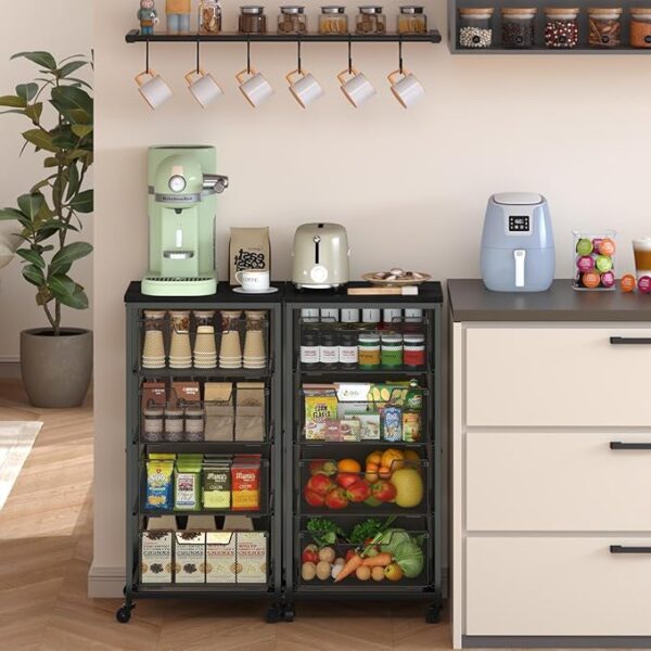 4-Tier Fruit Vegetable Storage Cart - Kitchen Organizer and Storage Cart with Wheels, Wooden Top Metal Wire Fruit Vegetable Rack Stand with Drawers to Storage Onions Potatoes Cans Snacks for Kitchen - Image 5