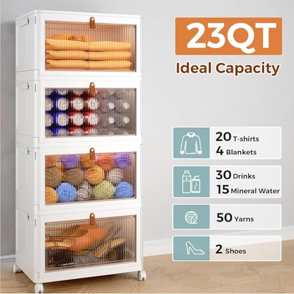 4 Tier Storage Bins with Lids, 23QT Stackable Closet Organizers and Storage with Wheels, Collapsible Storage Boxes, Foldable Plastic Storage Containers for Home,Office, Dorm Room - Image 4