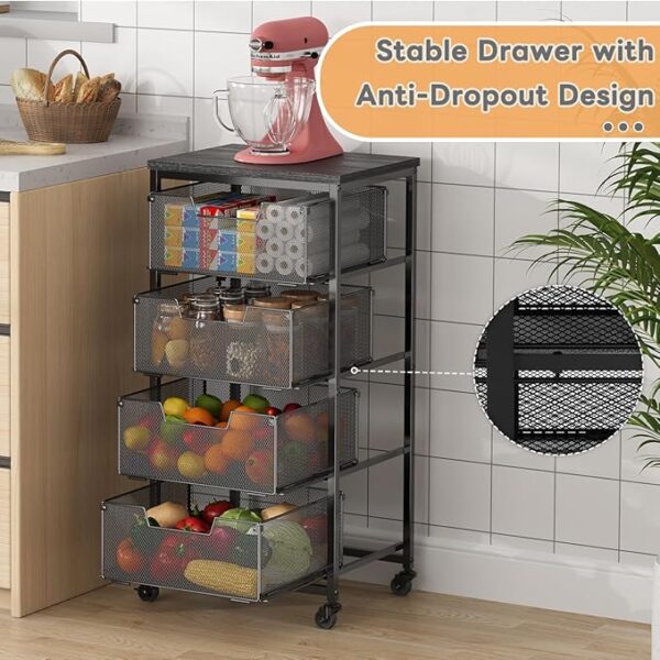 4-Tier Fruit Vegetable Storage Cart - Kitchen Organizer and Storage Cart with Wheels, Wooden Top Metal Wire Fruit Vegetable Rack Stand with Drawers to Storage Onions Potatoes Cans Snacks for Kitchen - Image 4