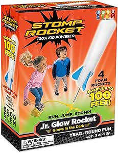 Stomp Rocket Jr Glow Rocket Launcher for Kids - 4 Glow-in-The-Dark Rockets - Outdoor Fun Toy Gift for Boys & Girls - STEM Soft Foam Blaster Set Soars Up to 100 Feet - Ages 3 & Up