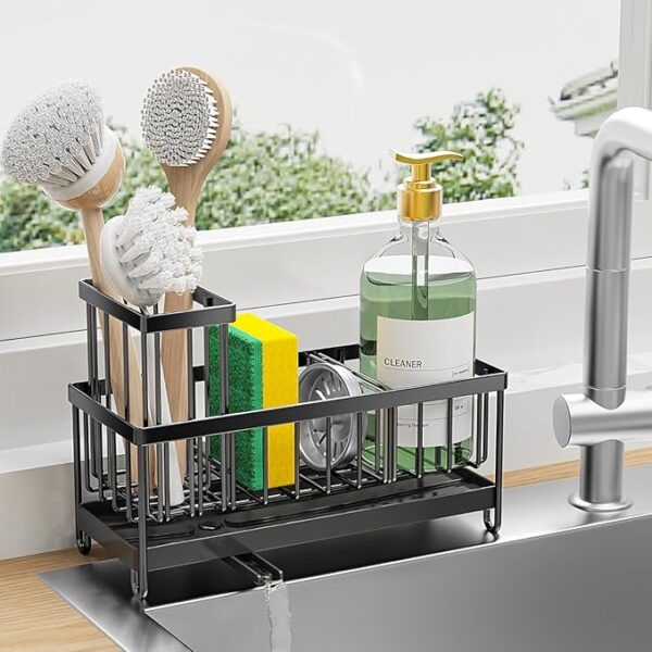 Cisily Black Sponge Holder for Kitchen Sink, Sink Caddy Organizer with High Brush Holder, Kitchen Countertop Organizers and Storage Essentials, Rustproof 304 Stainless Steel, Soap Dispenser Organize - Image 2
