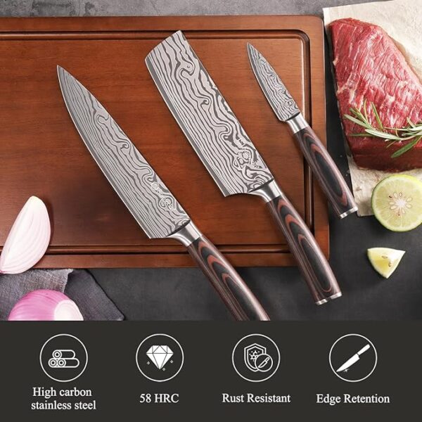 Sunnecko Kitchen Knife Set 3 Piece Chef Knife Set Professional High Carbon Stainless Steel, Sharp Kitchen Knives with Wooden Handle - Image 5