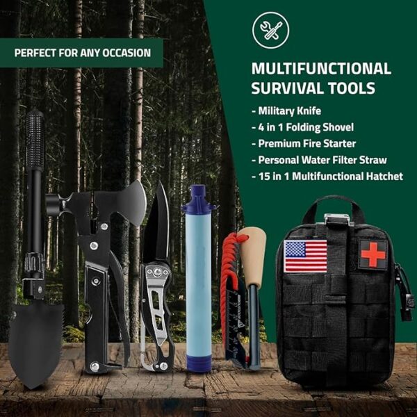 Emergency Survival Kit and First Aid Kit for Outdoor, Professional Outdoor Tools for Camping, Outdoor, Adventure, Hiking and Hunting, Survival Gear with Molle System - Image 4