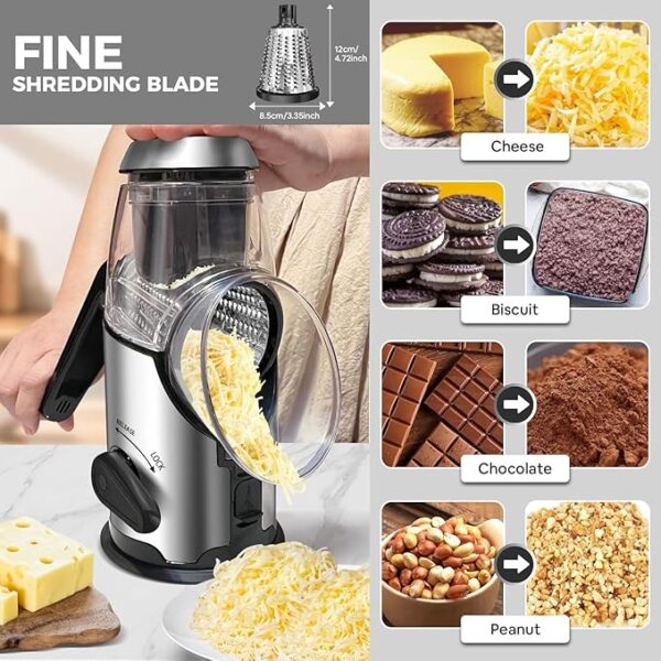 Airpro Rotary Cheese Grater with Handle - Vegetable Shredder with 3 Stainless Steel Blades & Strong Suction Base,Round Mandoline Slicer & Food Chopper for Kitchen - Image 4