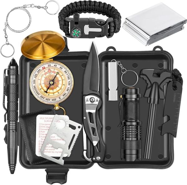 Alritz Emergency Survival Kit, for Men 12 in-1 Outdoor Survival Gear Lifesaving Tools Contains Compass, Fire Starter,for Camping Hiking Wilderness Adventures Disaster Preparedness - Image 2