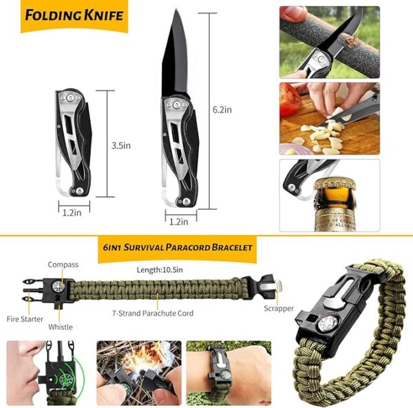Emergency Survival Gear Kits 60 in 1, Outdoor Survival Tool with Emergency Bracelet Whistle Flashlight Pliers Pen Wire Saw for Camping, Hiking, Climbing,Car - Image 4
