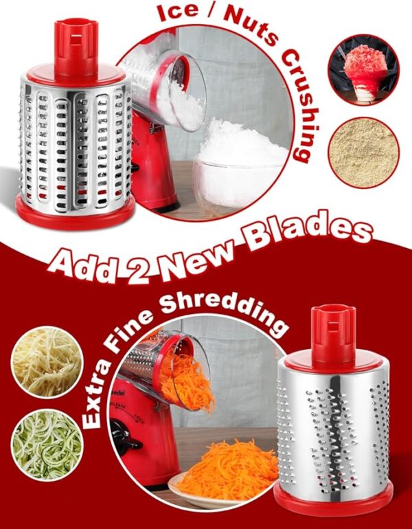 Geedel Rotary Cheese Grater Cheese Shredder - Upgraded 5-in-1 Cheese Grater with Handle and Strong Suction Base, Multi-purpose Vegetable Slicer Ice Shaver Nuts Grinder for Ice, Vegetables, Fruit, Nuts - Image 4