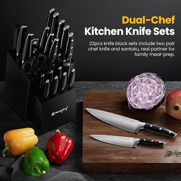 Emojoy 22-Piece Kitchen Knife Set with Block, Include 2-pair Chef Knives, Carving Fork and Sharpener (Dual-Chef Sets) - Image 4