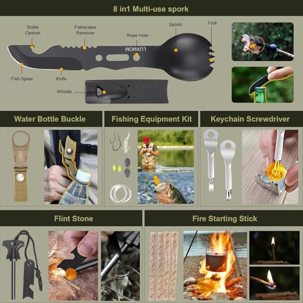 XUANLAN Emergency Survival Kit, Outdoor Survival Gear Tool with Survival Bracelet, Fire Starter, Whistle, Wood Cutter, Water Bottle Clip, Pen (29 in 1) - Image 5