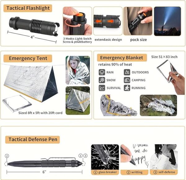 Survival Kit, 252Pcs Survival Gear First Aid Kit with Molle System Compatible Bag and Emergency Tent, Emergency Kit for Earthquake, Outdoor Adventure, Hiking, Hunting, Gifts for Men Women (Red) - Image 6