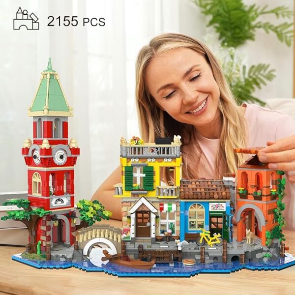 Venice Main Street Building Set for Adults, 2155 PCS City Riverside House Building Block Kit with Light Flower Shop Pizzeria, Home Decor Architecture Brick Model Women Men Teen Girl 12+ - Image 7