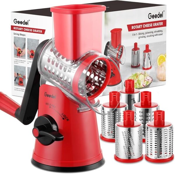 Geedel Rotary Cheese Grater Cheese Shredder - Upgraded 5-in-1 Cheese Grater with Handle and Strong Suction Base, Multi-purpose Vegetable Slicer Ice Shaver Nuts Grinder for Ice, Vegetables, Fruit, Nuts - Image 2
