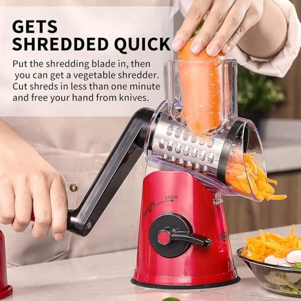 Rotary Cheese Grater, 3 in 1 Cheese Shredder Grater Rotary with Handle, Vegetable Mandoline Slicer Shredder for Vegetable, Cheese, Nut - Image 3