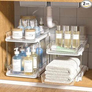 Delamu 2 Sets of 2-Tier Multi-Purpose Bathroom Under Sink Organizers and Storage, Stackable Kitchen Pantry Organization, Pull Out Medicine Cabinet Organizer with 8 Movable Dividers