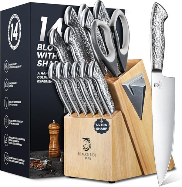 14 PCS Knife Set with Wood Block - Stainless Steel Kitchen Knife Block Set with Built in Sharpener, Dishwasher Safe, Rust Resistant, Non-Slip Ergonomic Handle - Gift for Men Women and Housewarming - Image 2