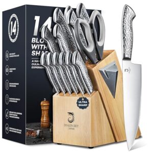 14 PCS Knife Set with Wood Block - Stainless Steel Kitchen Knife Block Set with Built in Sharpener, Dishwasher Safe, Rust Resistant, Non-Slip Ergonomic Handle - Gift for Men Women and Housewarming