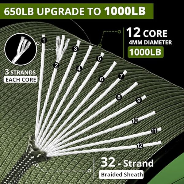 1000Ib Paracord Rope - 100ft / 200ft / 500ft / 1000ft 4mm,12 Strand Parachute Spool Cord,para Cord Lanyard for Camping,Hammock,Clothsline,Hiking,Fishing,Survival braceletand Survival - ArmyGreen 100FT - Image 3