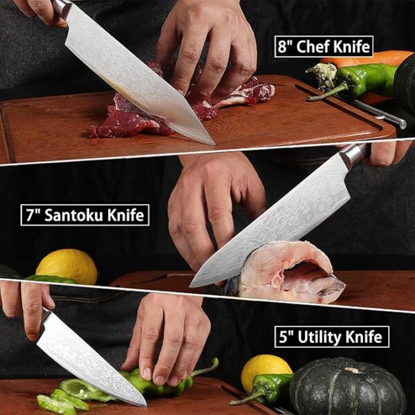 3PCS Professional Chef Knife Set, Ultra Sharp Japanese Kitchen Knife, High Carbon Stainless Steel 8 inch chef's knives 7 inch Santoku Knife 5 inch Utility Knife Damascus Pattern With Gift Box - Image 5