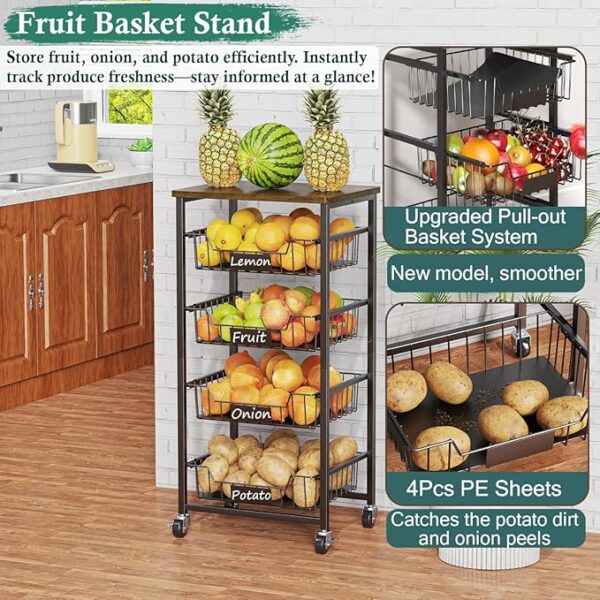 Fruit Basket, 5-Tier Utility Kitchen Organizer and Storage Cart with Pull-Out Baskets and Wood Top, Rolling Pantry Kitchen Cart on Wheels for Fruit Potato Onion Vegetable Snack Produce - Image 4