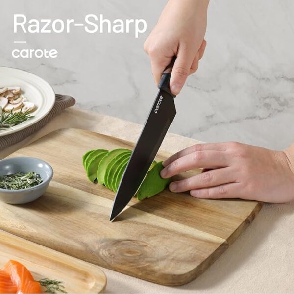 CAROTE 6Pcs Knife Set with Block, High Carbon Stainless Steel Sharp Blade Block Knife Set, Cutlery with Ceramic Surface, Black - Image 4