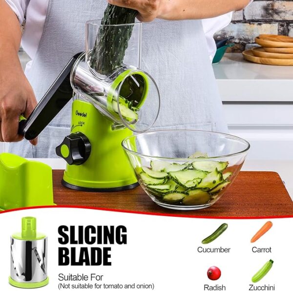 Geedel Rotary Cheese Grater, Kitchen Mandoline Vegetable Slicer with 3 Interchangeable Blades, Easy to Clean Rotary Grater Slicer for Fruit, Vegetables, Nuts - Image 4
