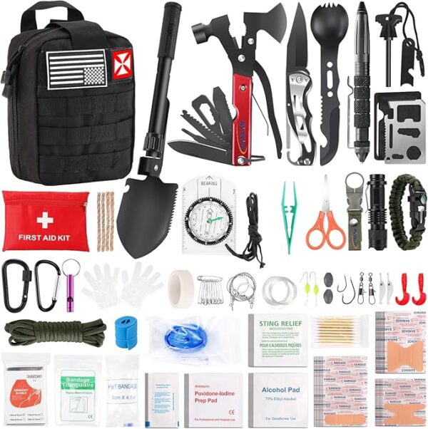 Survival First Aid Kit, 248PCS Survival Tools Camping Essentials Tactical Gear Emergency Trauma Medical Supplies Packed in a MOLLE Pouch, Saber Card,Cool for Men Camping Hiking Outdoor Activities - Image 2