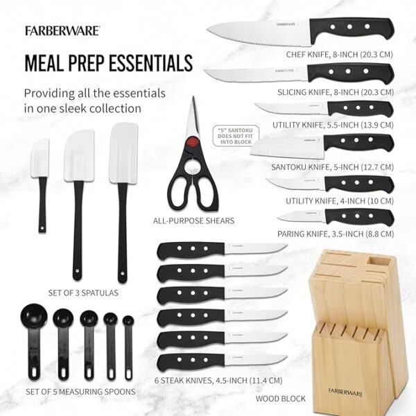 Farberware 22-Piece Never Needs Sharpening Triple Rivet High-Carbon Stainless Steel Knife Block and Kitchen Tool Set, Black, Durable ANDPrecision Cutlery - Image 3