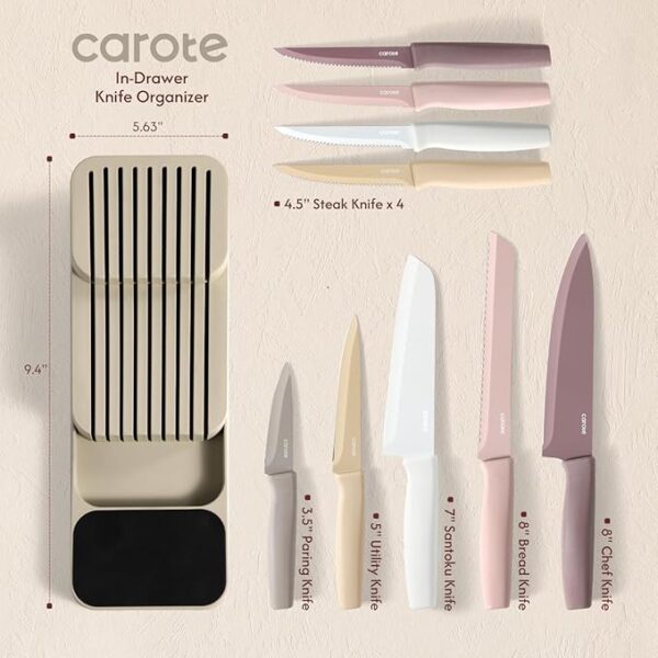 CAROTE 10Pcs Kitchen Knife Set, Dishwasher Safe knife set with In-Drawer Knife Block, Drawer Knife Set with Razor-Sharp Blades, 4 Steak Knives, Pink & Khaki - Image 3