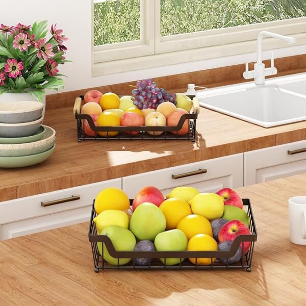 GILLAS 2 Tier Countertop Fruit Basket with 2 Banana Hangers for Kitchen, Detachable Metal Organizer for Bread Vegetable Fruits with Wooden Handle, Large Capacity Rectangular Storage Stand Bowls, Black - Image 6