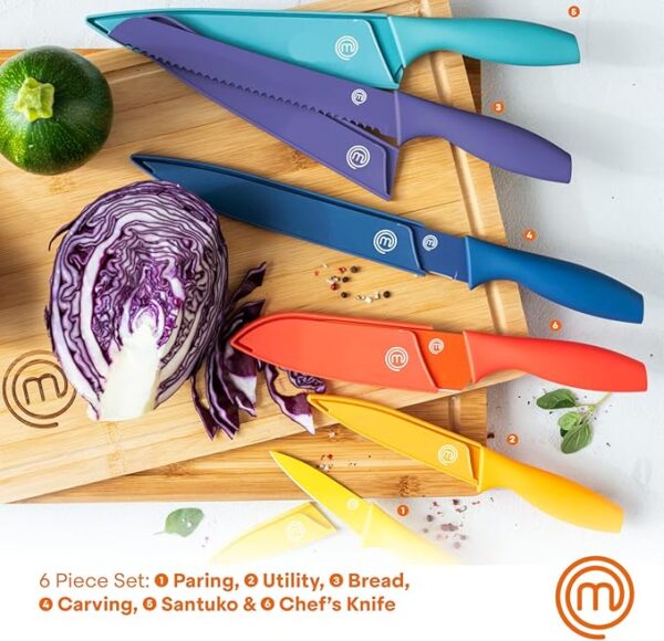MasterChef Kitchen Knife Set with Covers incl. Paring, Boning, Carving, Bread, Santoku & Chef Knife, Sharp Cutting Stainless Steel Blades with Sheaths, 12 Piece (6 Colored Kitchen Knives & 6 Covers) - Image 3