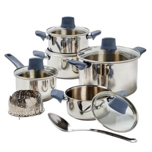 T-fal Essentials Stainless Steel Cookware Set 12 Piece, Induction Compatible, Oven Safe 350F, Cooking Set w/Stewpots, Stockpot, Saucepan, Lids & Tools, Measuring Marks, Dishwasher Safe, Silver/Blue