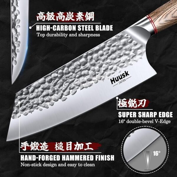 Huusk Kitchen Knife Set 3pcs - Japanese Nakiri Vegetable Knife, Meat Cleaver Boning Knife for Meat Cutting, Hand Forged Butcher Chef Knives Set for Kitchen Home Cooking, Father's Day Gifts for Men - Image 5