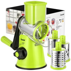 Geedel Rotary Cheese Grater, Kitchen Mandoline Vegetable Slicer with 3 Interchangeable Blades, Easy to Clean Rotary Grater Slicer for Fruit, Vegetables, Nuts