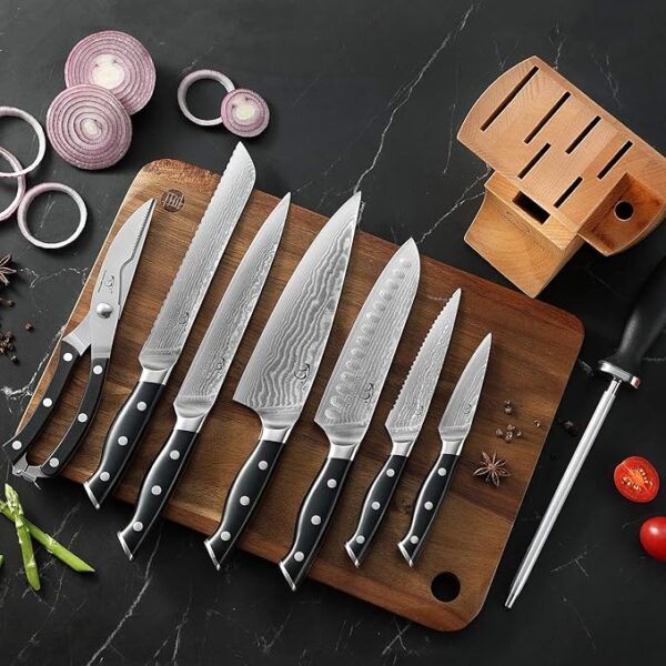 NANFANG BROTHERS Knife Sets, 9 Pieces Damascus Kitchen Knife Set with Block, ABS Ergonomic Handle for Chef Knife Set, Knife Sharpener and Kitchen Shears, Knife Block Set - Image 6