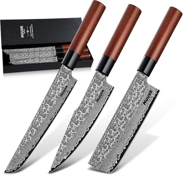 Huusk Japanese Kitchen Knife Set - 3pcs Hand Forged VG10 Damascus Meat Cleaver Boning Knife for Meat Cutting, Nakiri Vegetable Knives, Gyuto Chef Knives Set for Cooking, Father's Day Gifts for Men - Image 2