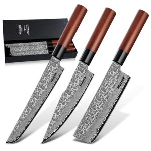 Huusk Japanese Kitchen Knife Set - 3pcs Hand Forged VG10 Damascus Meat Cleaver Boning Knife for Meat Cutting, Nakiri Vegetable Knives, Gyuto Chef Knives Set for Cooking, Father's Day Gifts for Men