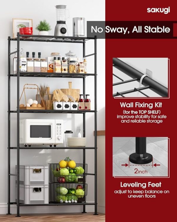 Storage Shelves - 5 Tier Shelf Organizer, Heavy Duty Garage Shelving Unit with Leveling Feet, Stable Metal Shelves Organizer for Pantry, Kitchen and Closet, 33.0" W x 12.6" D x 72.0" H, Black - Image 6