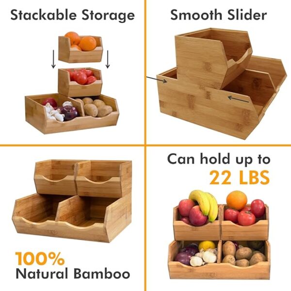 HOMESTEAD Bamboo Pantry Storage Bins - Stackable Baskets, Potato and Onion Storage for Pantry Organization, Set 3 Pieces - Image 4