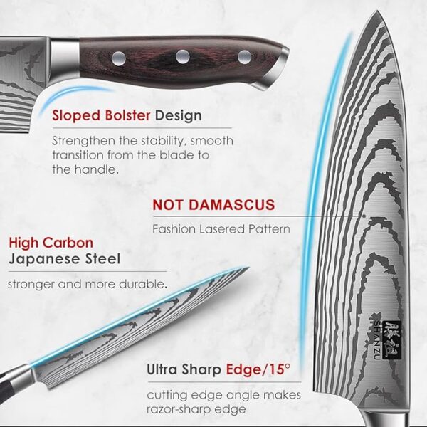 SHAN ZU Knife Set 16 pcs, Japanese Kitchen Knife with Block High Carbon Stainless Steel Ultra Sharp Knife for Kitchen, Professional Chef Knife Set with Sharpener - Image 4