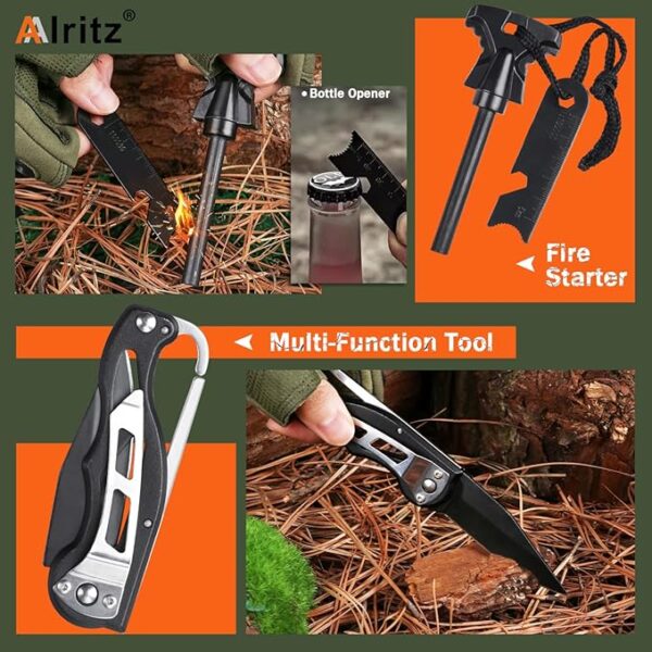 Alritz Emergency Survival Kit, for Men 12 in-1 Outdoor Survival Gear Lifesaving Tools Contains Compass, Fire Starter,for Camping Hiking Wilderness Adventures Disaster Preparedness - Image 5