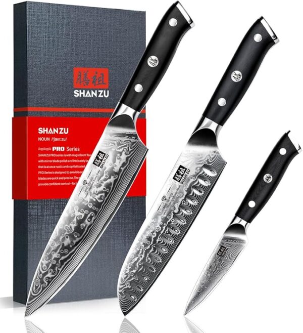 SHAN ZU Damascus Knife Set, Japanese Super Steel 3 PCS Damascus High Carbon Professional Ultra-Sharp Kitchen Chef Knife Set with G10 Handle Gift Box - Image 2