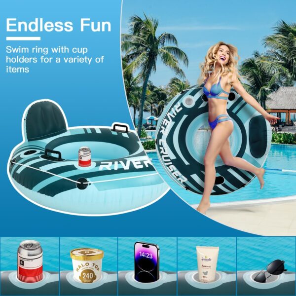 River Tube Floats for Adults Heavy Duty Pool Floats Inflatable Water Tube with Cup Holeder, Drink Cooler and Mesh Bottom Backrest (2 Pack Single/Double) - Image 7