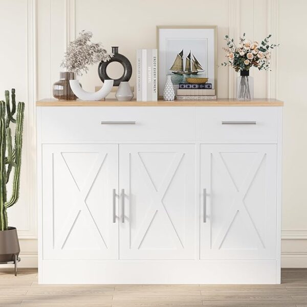 Shintenchi Modern Farmhouse Sideboard Buffet Cabinet with Storage with 3 Doors,42" Barn Doors Buffet Cabinet with Storage, Wood Coffee Bar Cabinet with Adjustable Shelf for Kitchen Living Room,White - Image 3