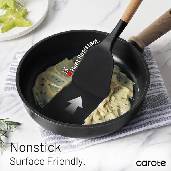 CAROTE 16 Pieces Kitchen Utensils Set, Silicone Cooking Utensils Set with Wooden Handle, Stainless Steel Knife Set with Block, Kitchen Utensil Gadgets Cutlery with Anti-slip Handle, Black - Image 6