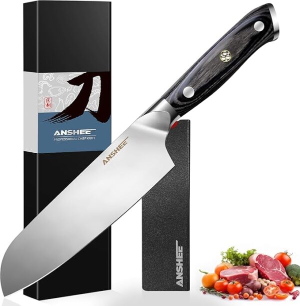 7 Inch Japanese Santoku Knife-Full Tang High Carbon Stainless Steel Professional Chef Knife, Multipurpose Kitchen Blade with Wood Handle&Sheath/Gift Box for Meat, Veggies, Fruits Home & Restaurant - Image 2